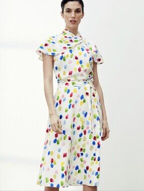 The Fold London Tivoli White Dress with Multicolor Paint Dot Print